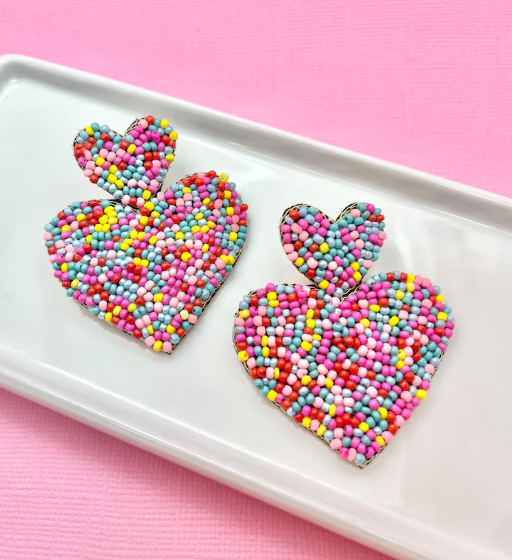 Rainbow Beaded Heart Earrings