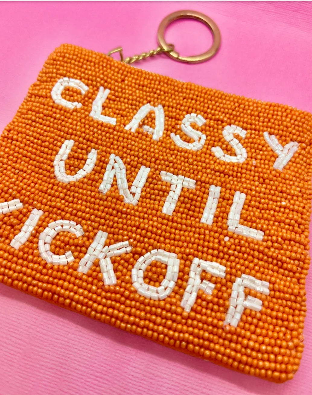 Orange Classy Until Kickoff Beaded Coin Purse Keychain