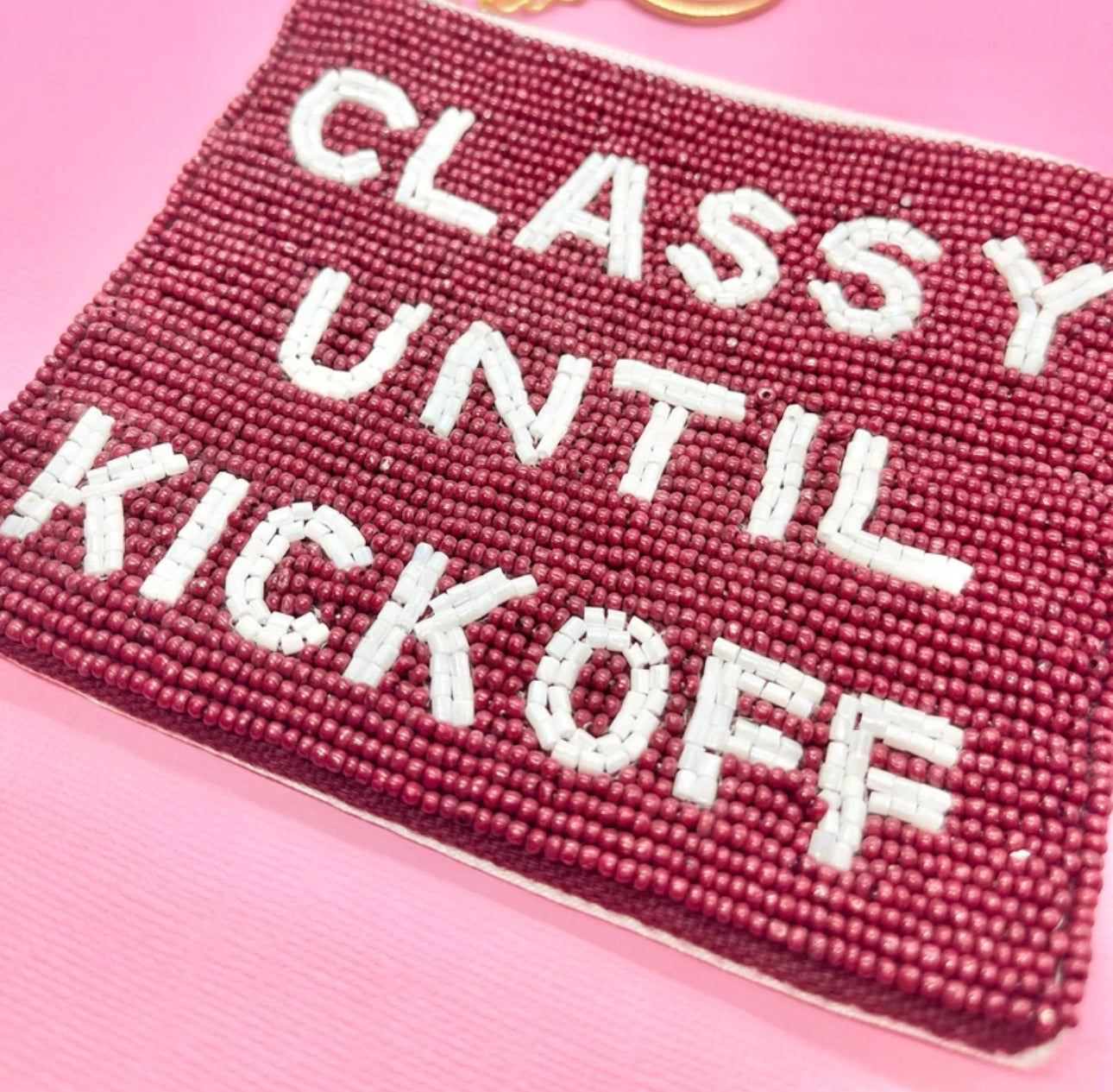 Maroon Classy Until Kick Off Beaded Coin Purse Keychain