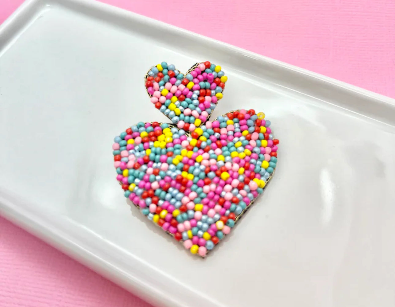 Rainbow Beaded Heart Earrings