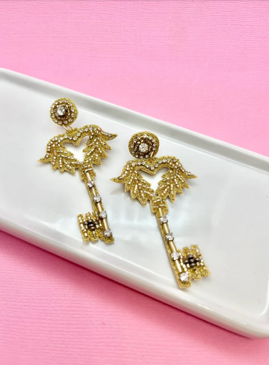 Gold Heart Key Earrings