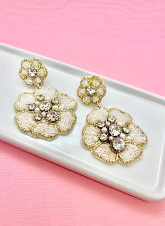 White Glitz Flower Earrings