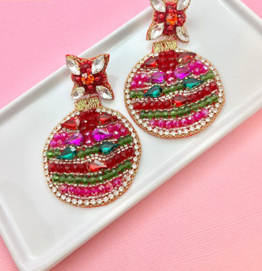 Pink Glitz Christmas Ornament Beaded Earrings