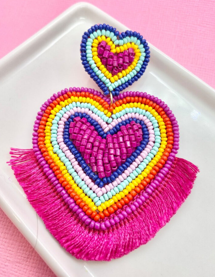 Rainbow Heart Fringe Beaded Earrings