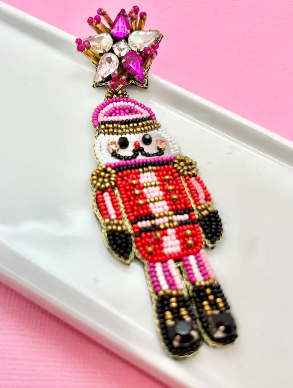 Pink Nutcracker Christmas Beaded Earrings