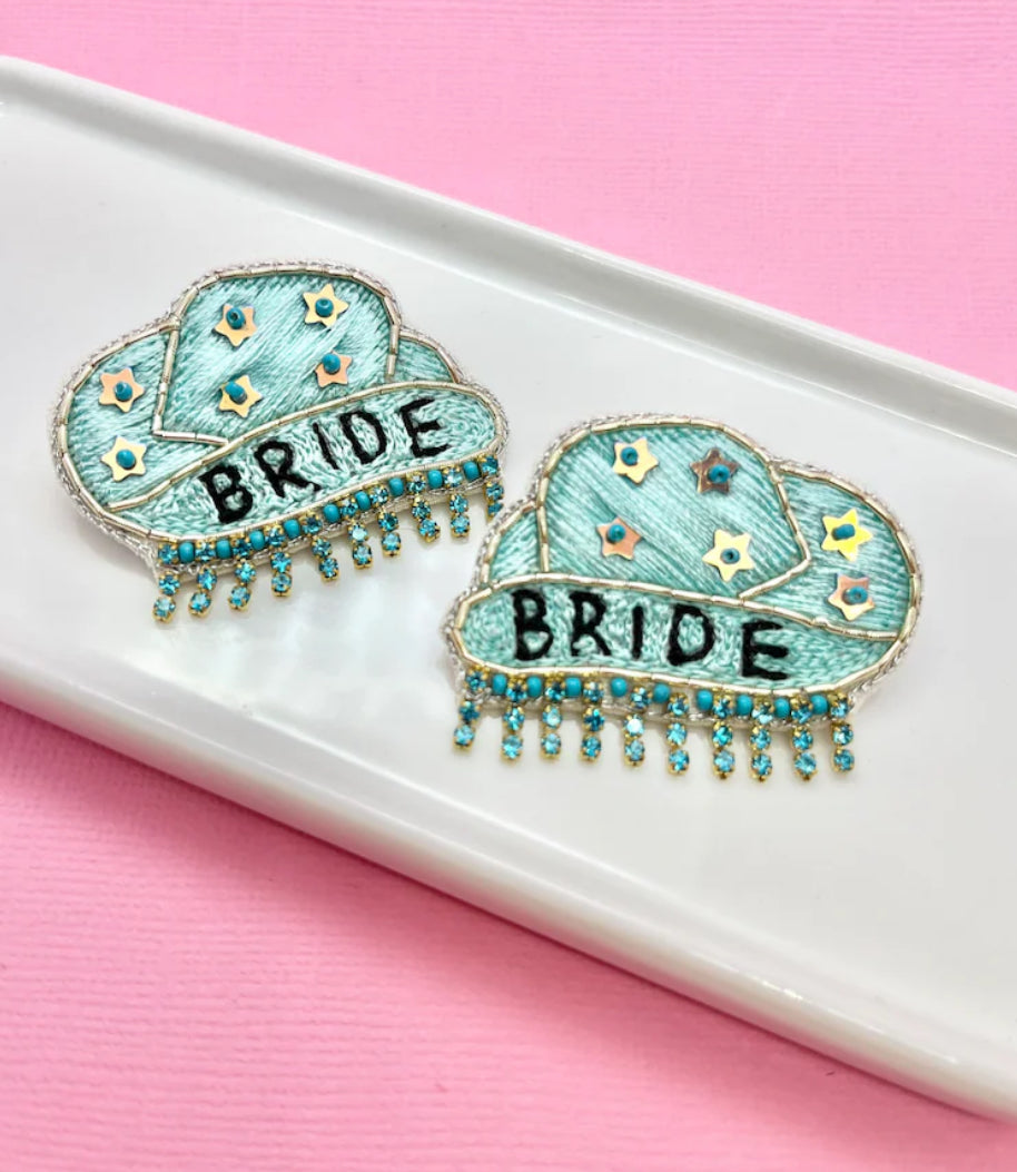 Glitz Bride Blue Cowgirl Hat Earrings