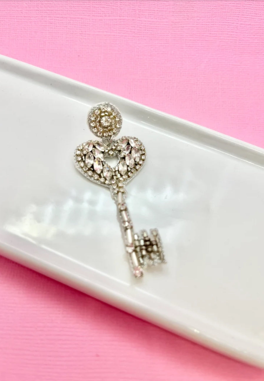 Silver Heart Key Earrings