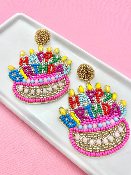 Happy Birthday Cake Beaded Earrings