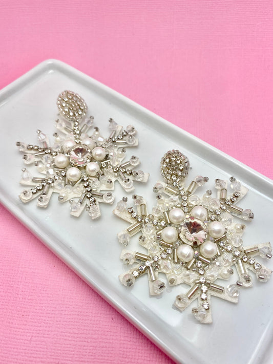 White Christmas Snowflake Beaded Earrings