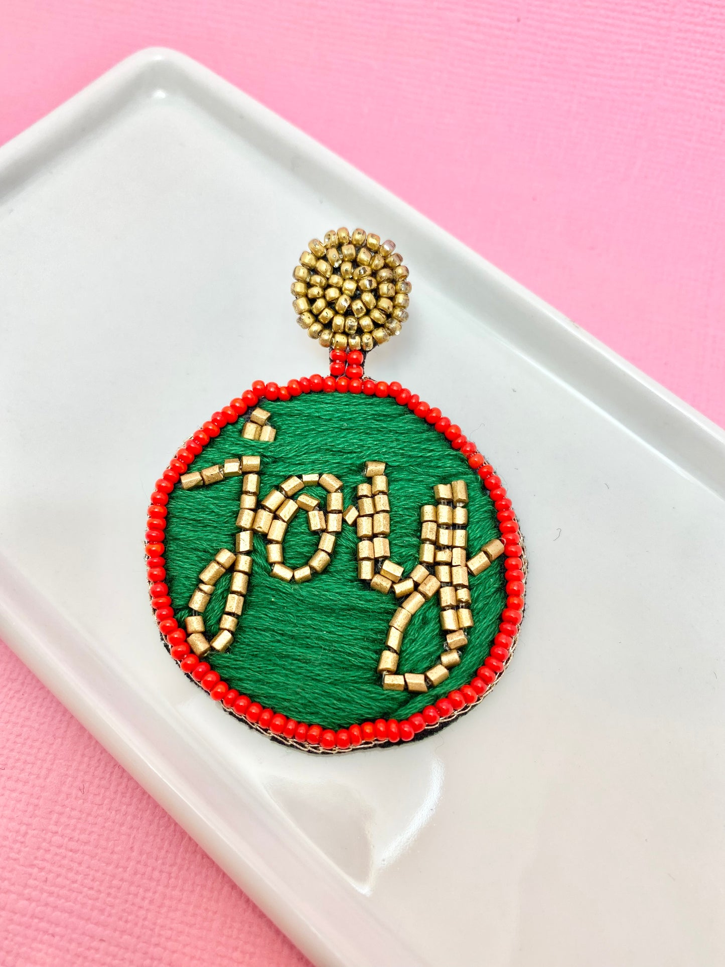 Joy To The World Christmas Ornament Beaded Earrings