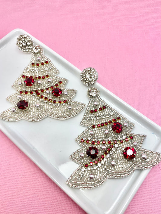 White Christmas Tree Beaded Earrings