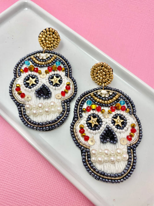 Sugar Skull White Beaded Earrings