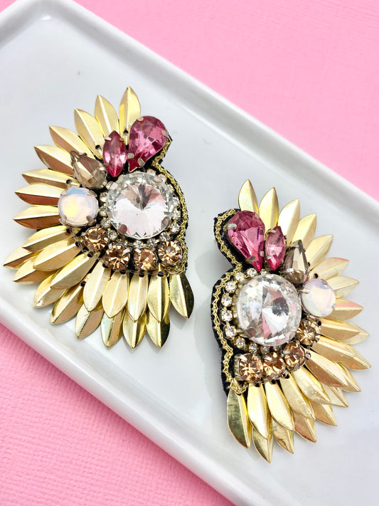 Pink and Gold Wing Bling Earrings