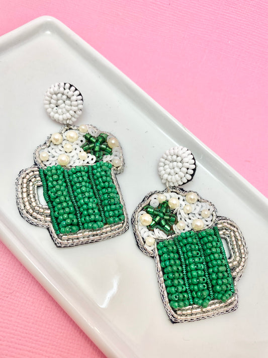 Green Beer Saint Patrick’s Day Beaded Earrings