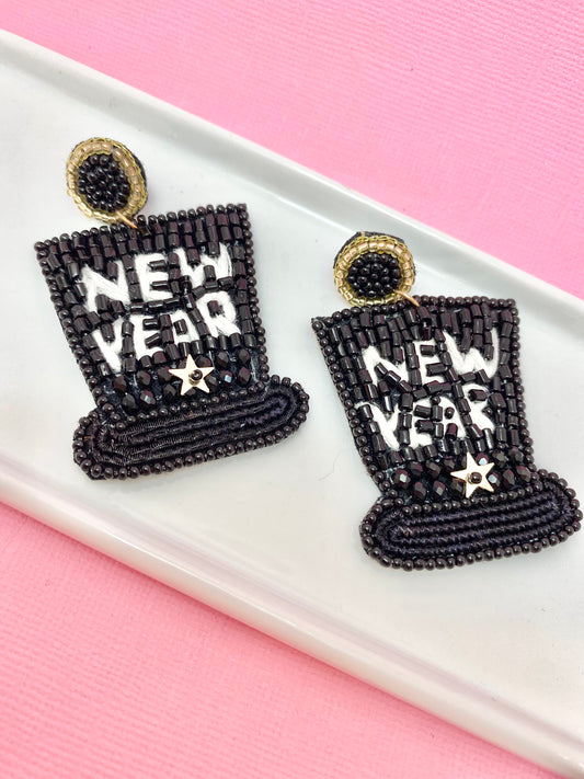 Happy New Year Beaded Top Hat Earrings
