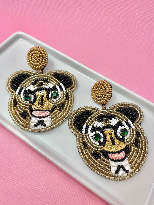 Beaded Green Eyed Tiger Earrings