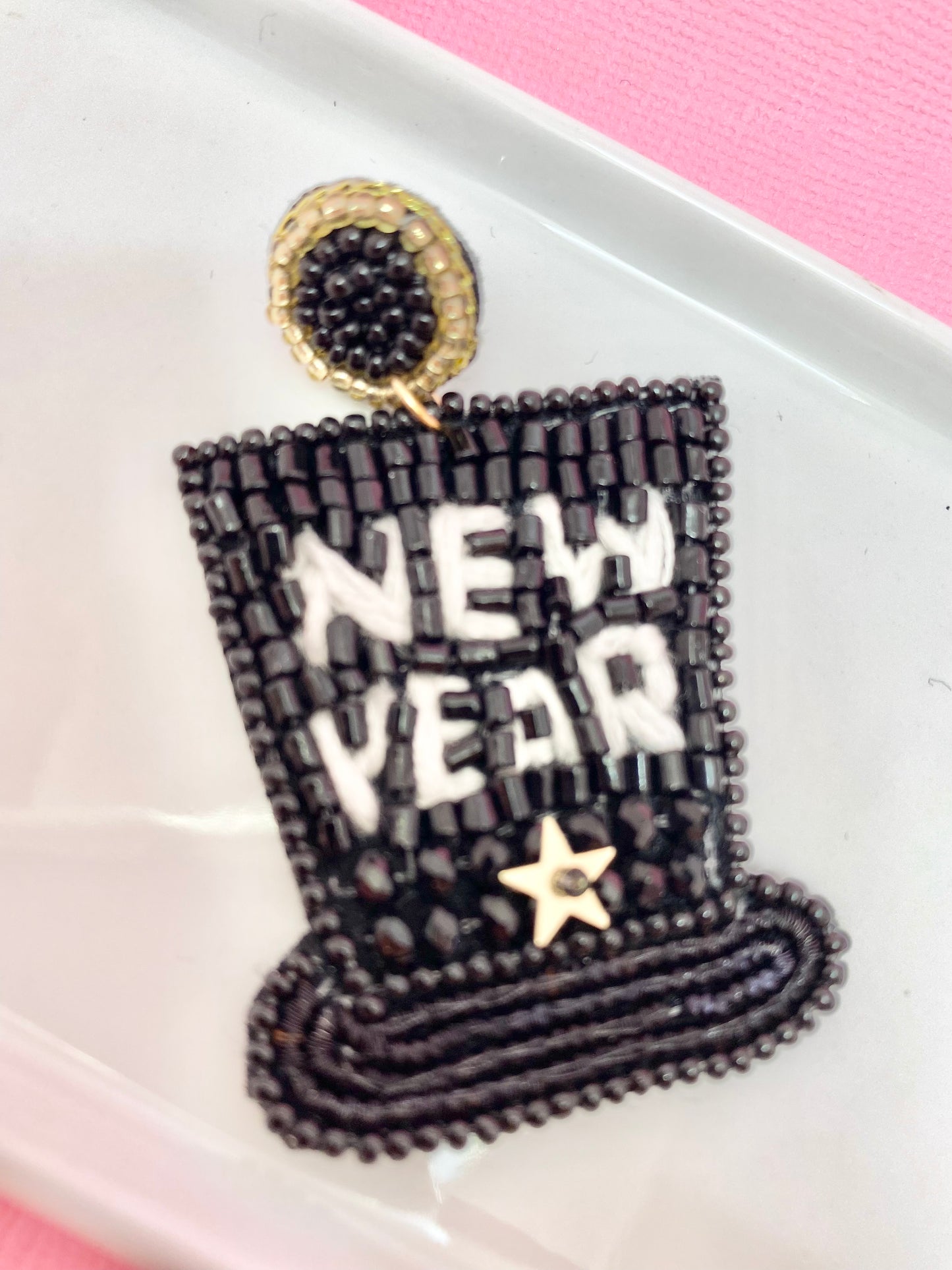 Happy New Year Beaded Top Hat Earrings