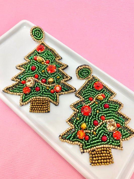 Deck The Halls Beaded Christmas Tree Earrings