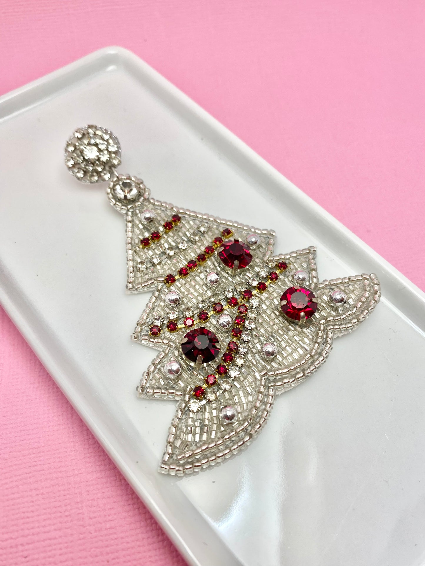White Christmas Tree Beaded Earrings